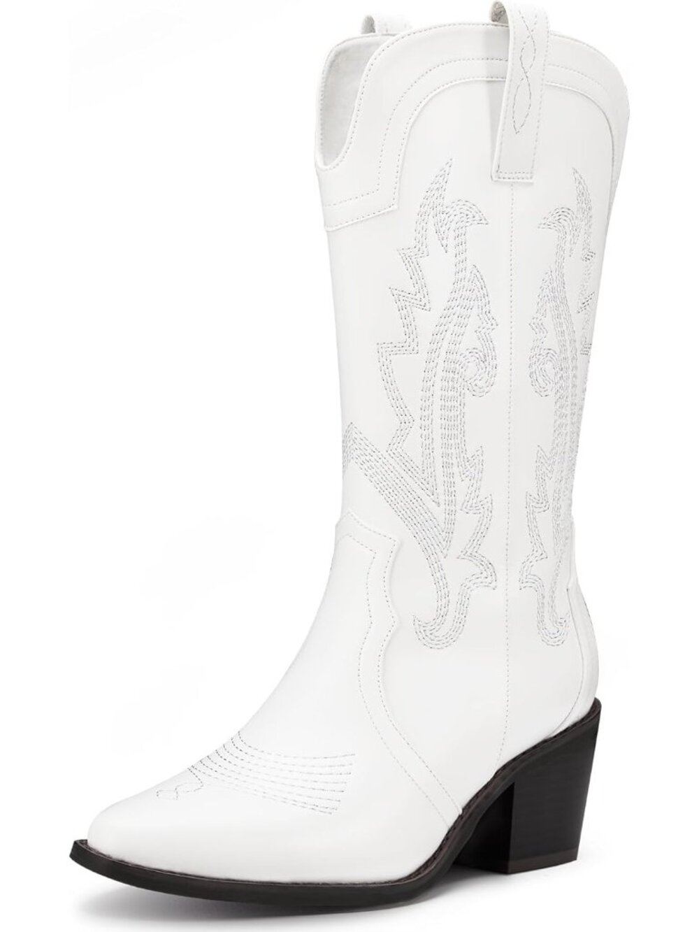 Women's White Cowboy Boots Pointed Toe Western Boots Embroidered Mid Calf Boots